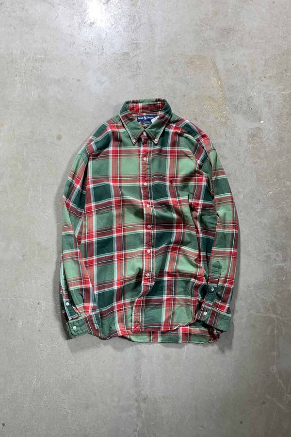 90'S L/S B.D COTTON FLANNEL CHECK BLAKE SHIRT / GREEN / RED [SIZE: L USED]