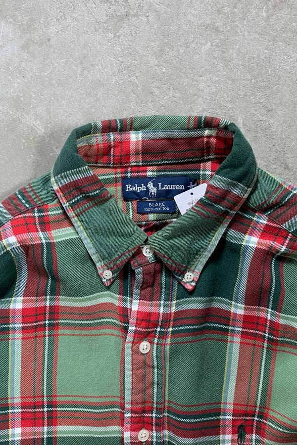 90'S L/S B.D COTTON FLANNEL CHECK BLAKE SHIRT / GREEN / RED [SIZE: L USED]
