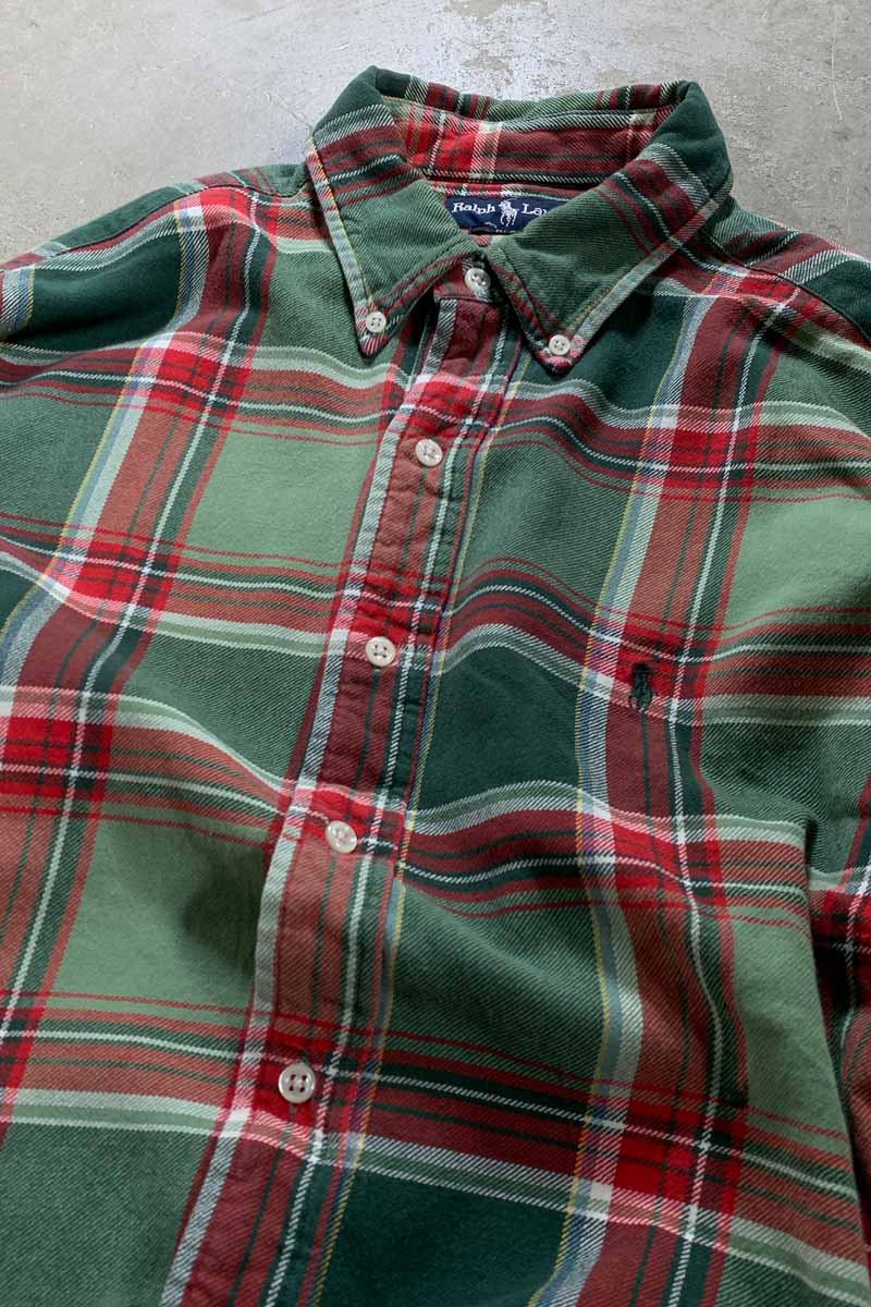 90'S L/S B.D COTTON FLANNEL CHECK BLAKE SHIRT / GREEN / RED [SIZE: L USED]