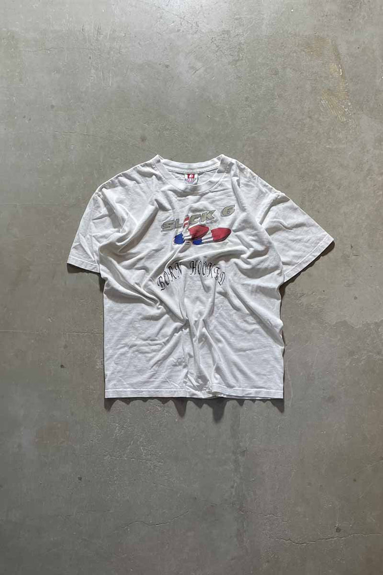MADE IN USA 90'S SLICK 6 T-SHIRT / WHITE [SIZE: XL USED]