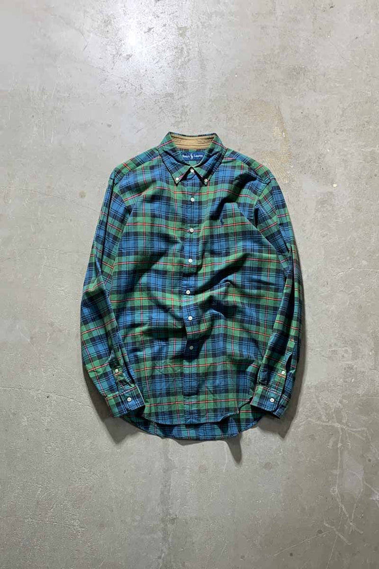 90'S L/S B.D CHECK SHIRT / GREEN / BLUE [SIZE: M USED]