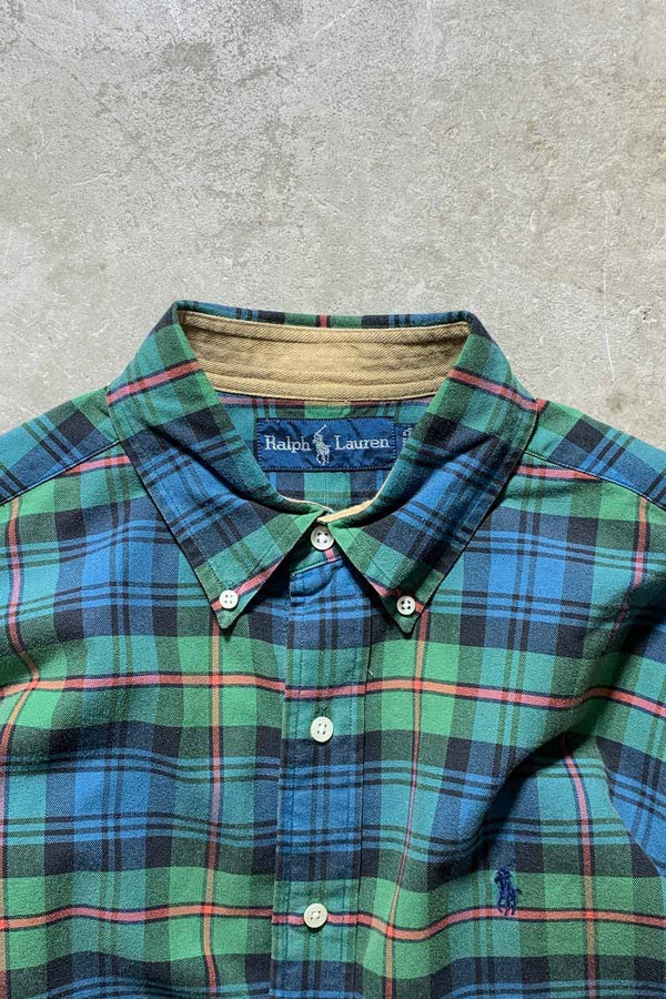90'S L/S B.D CHECK SHIRT / GREEN / BLUE [SIZE: M USED]