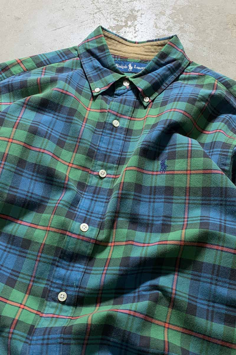 90'S L/S B.D CHECK SHIRT / GREEN / BLUE [SIZE: M USED]