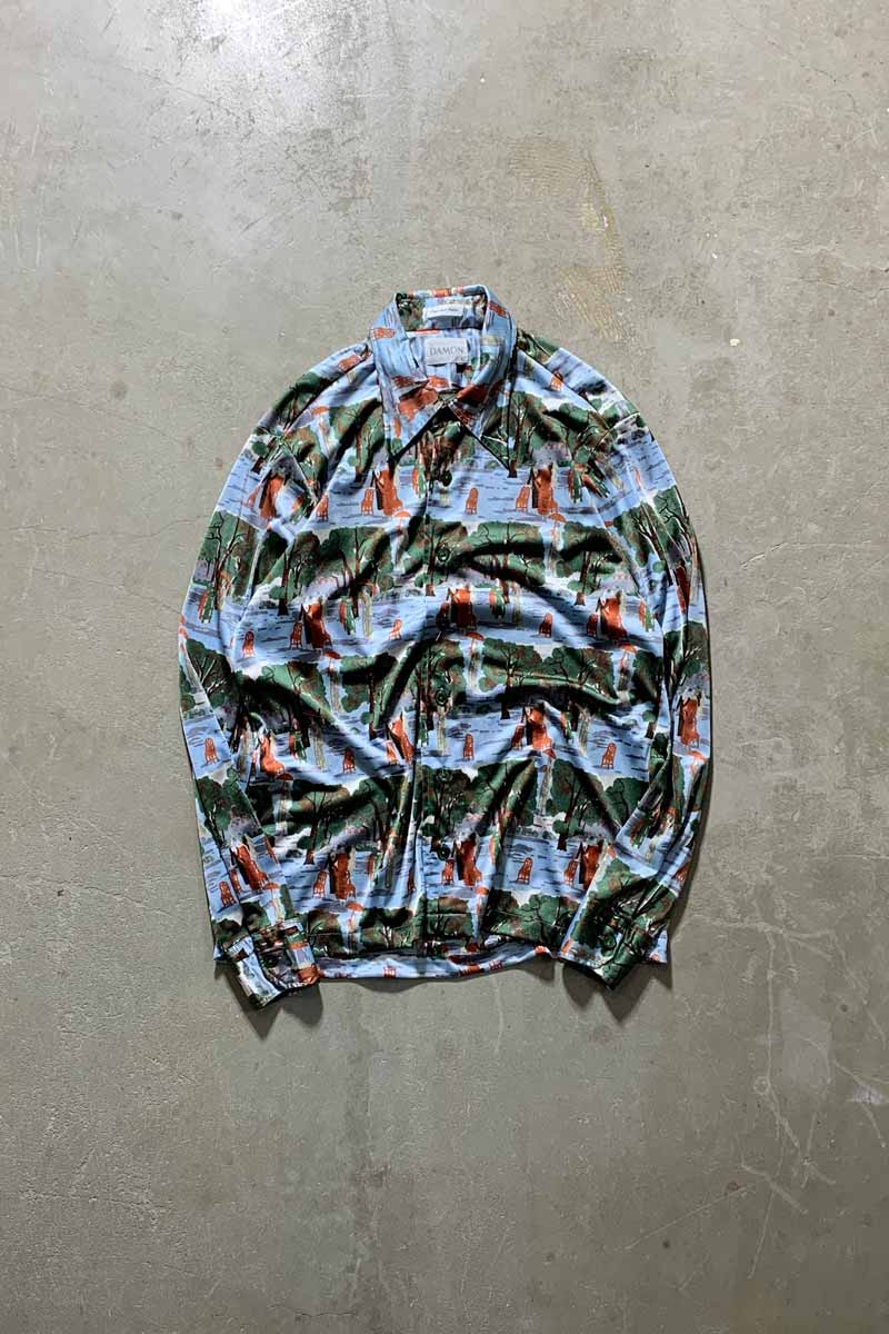 70'S L/S NYLON DESIGN SHIRT / BLUE [SIZE: L USED]
