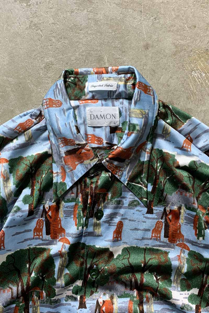70'S L/S NYLON DESIGN SHIRT / BLUE [SIZE: L USED]
