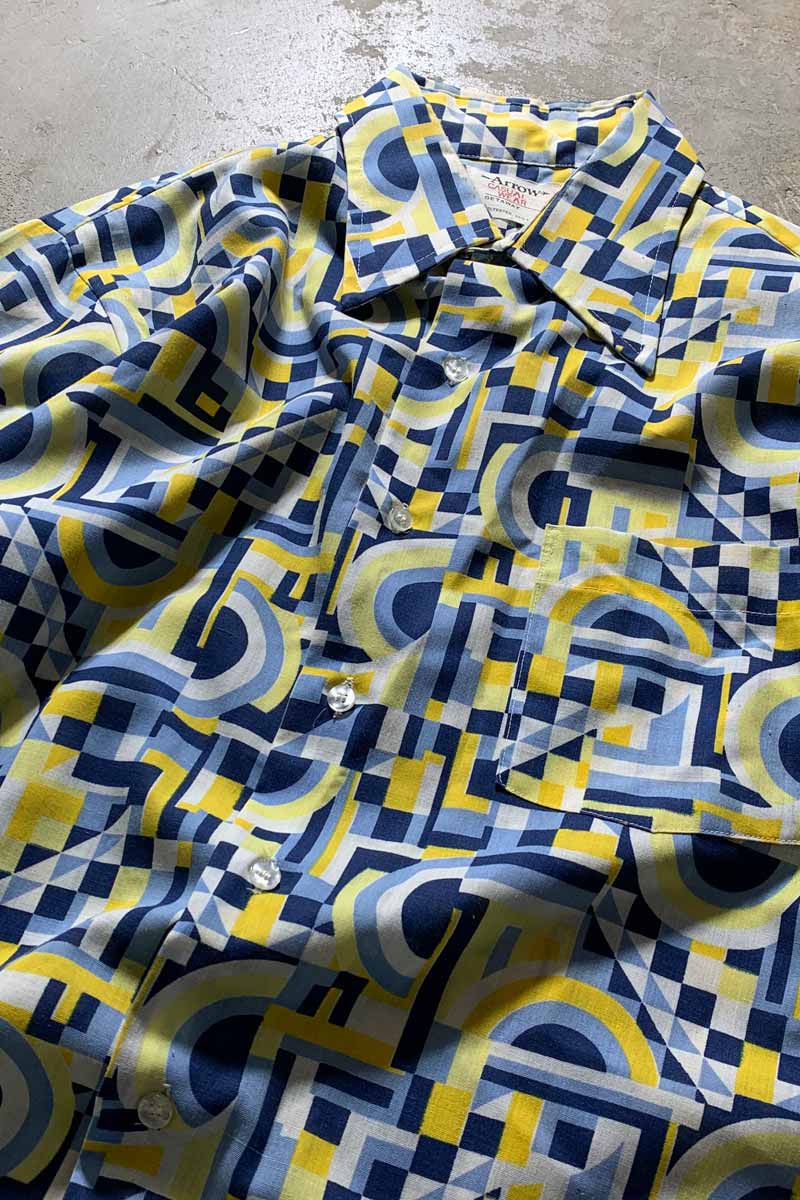 70's L/S DESIGN SHIRT / BLUE / YELLOW [SIZE: L USED]
