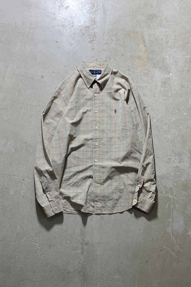 90'S LONG-SLEEVE BUTTON-DOWN COTTON GINGHAM CHECK CLASSIC FIT SHIRT / OLIVE [SIZE: XL USED]
