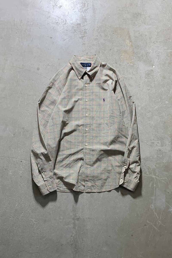 90'S LONG-SLEEVE BUTTON-DOWN COTTON GINGHAM CHECK CLASSIC FIT SHIRT / OLIVE [SIZE: XL USED]