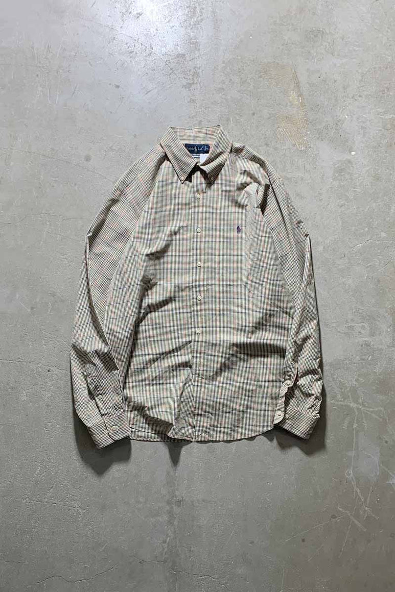 90'S L/S B.D COTTON GINGHAM CHECK CLASSIC FIT SHIRT / OLIVE [SIZE: XL USED]