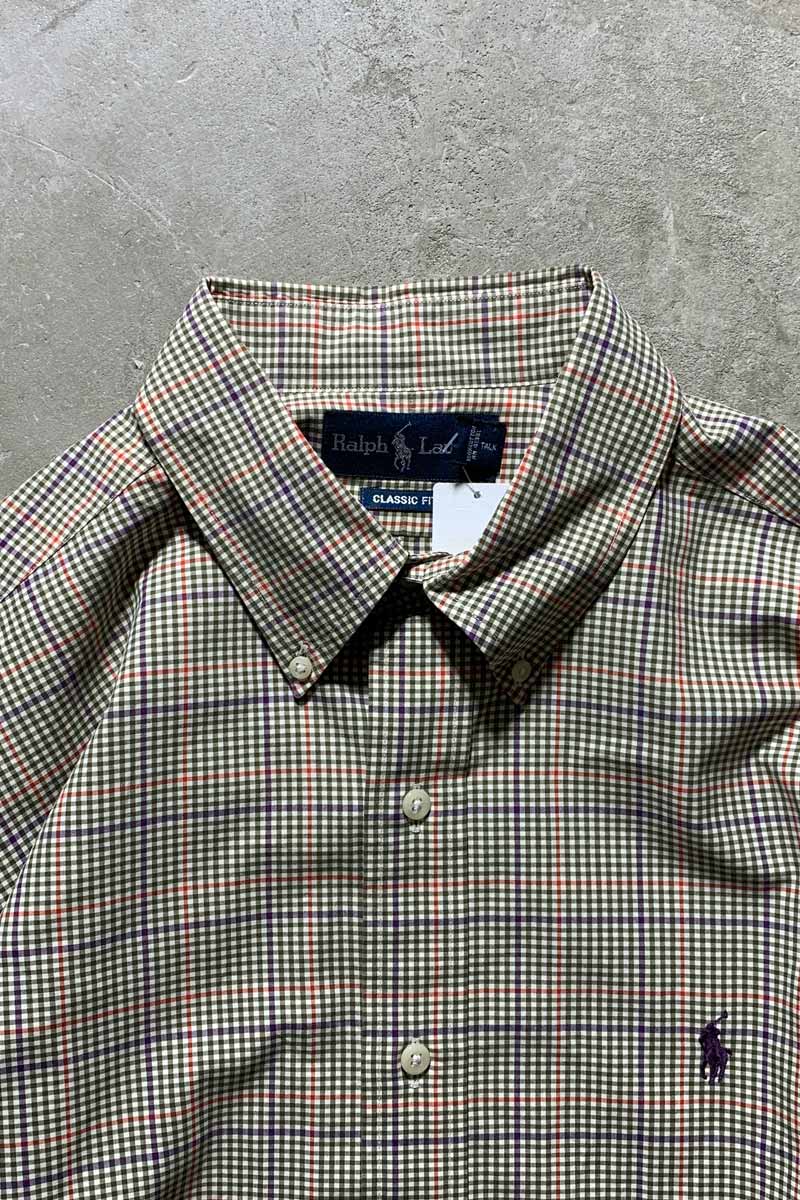 90'S LONG-SLEEVE BUTTON-DOWN COTTON GINGHAM CHECK CLASSIC FIT SHIRT / OLIVE [SIZE: XL USED]