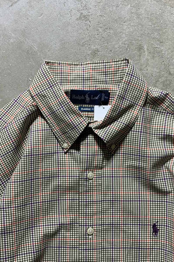 90'S LONG-SLEEVE BUTTON-DOWN COTTON GINGHAM CHECK CLASSIC FIT SHIRT / OLIVE [SIZE: XL USED]
