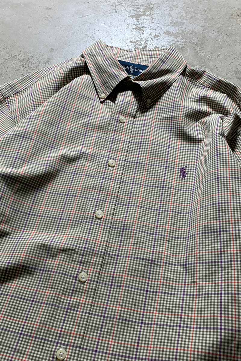 90'S LONG-SLEEVE BUTTON-DOWN COTTON GINGHAM CHECK CLASSIC FIT SHIRT / OLIVE [SIZE: XL USED]