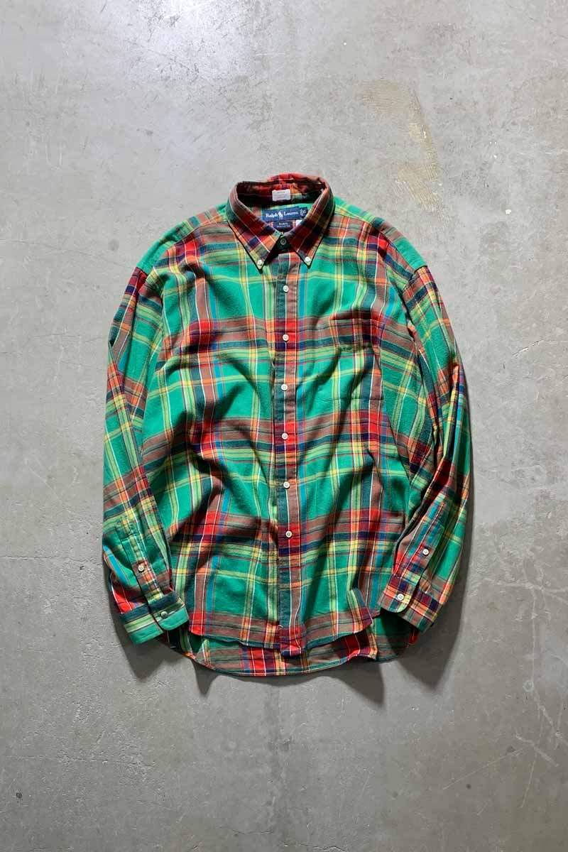 90'S L/S B.D COTTON FLANNEL CHECK BLAKE SHIRT / GREEN / RED [SIZE: L USED]