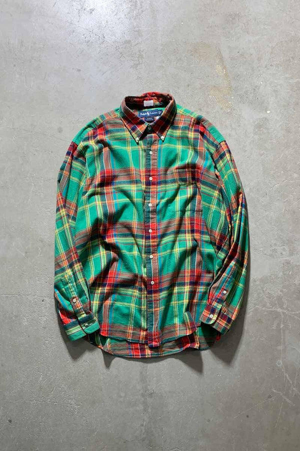 90'S L/S B.D COTTON FLANNEL CHECK BLAKE SHIRT / GREEN / RED [SIZE: L USED]