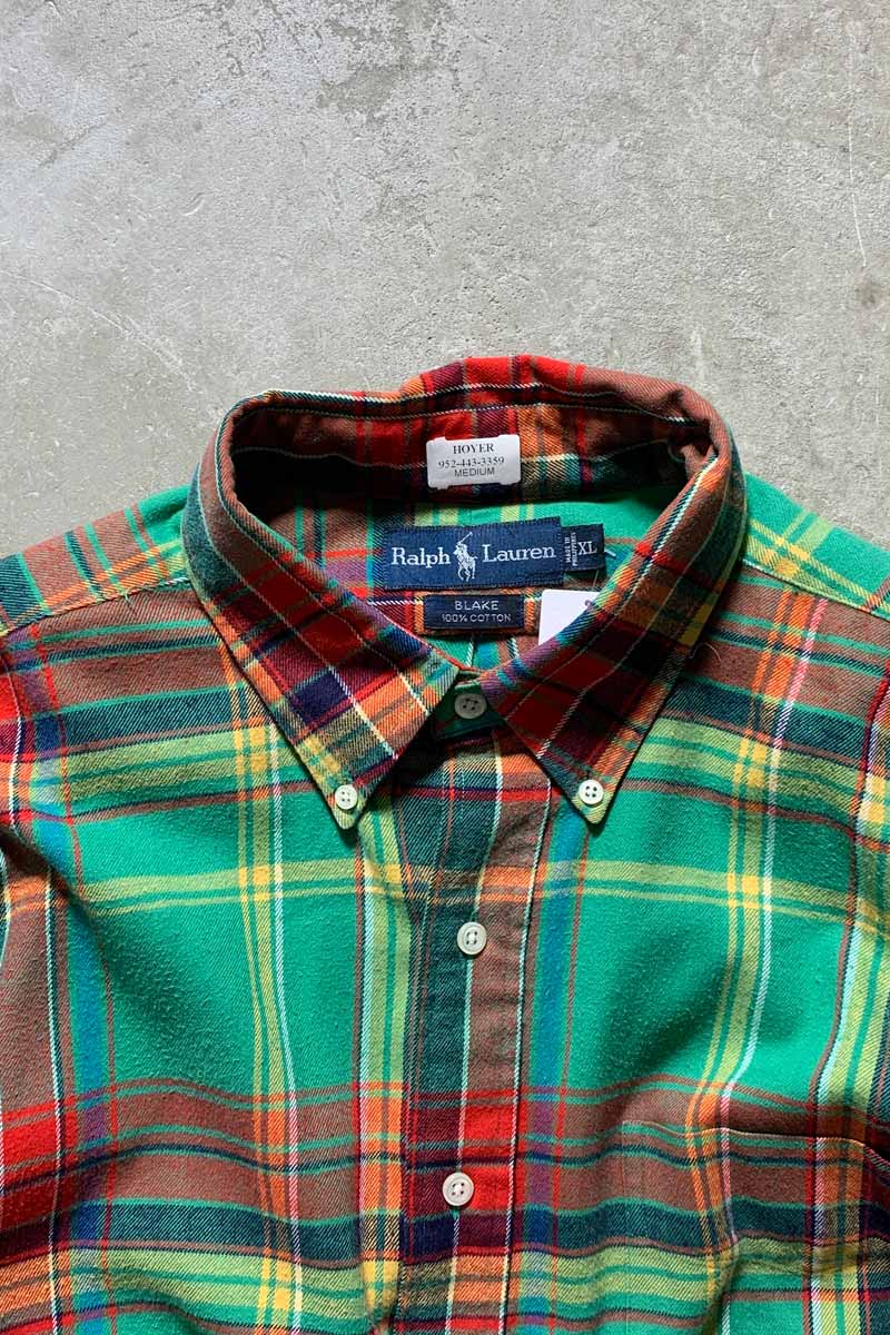 90'S L/S B.D COTTON FLANNEL CHECK BLAKE SHIRT / GREEN / RED [SIZE: L USED]