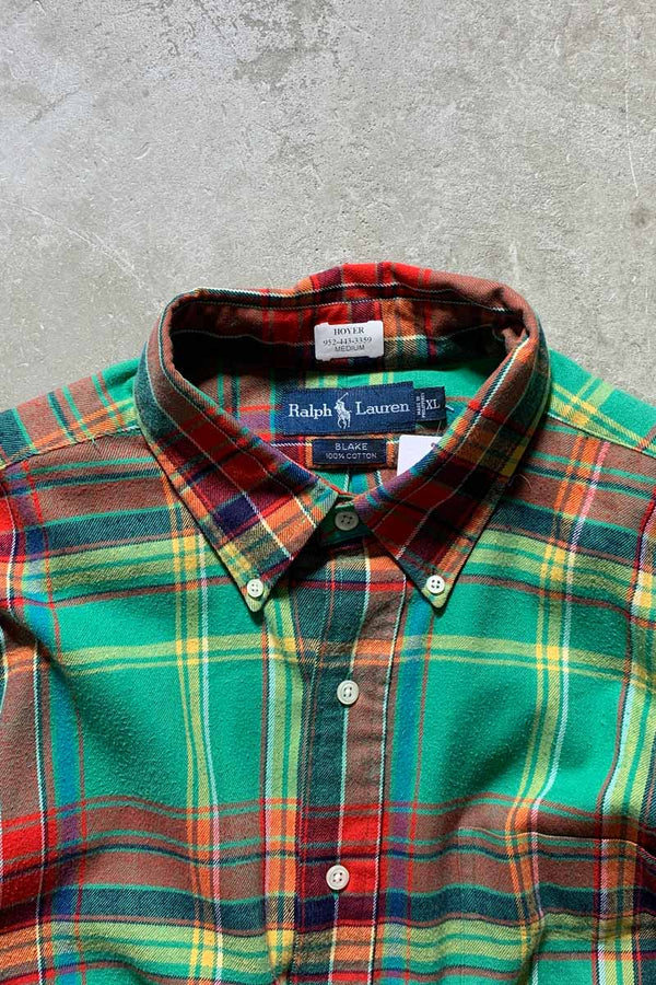 90'S L/S B.D COTTON FLANNEL CHECK BLAKE SHIRT / GREEN / RED [SIZE: L USED]