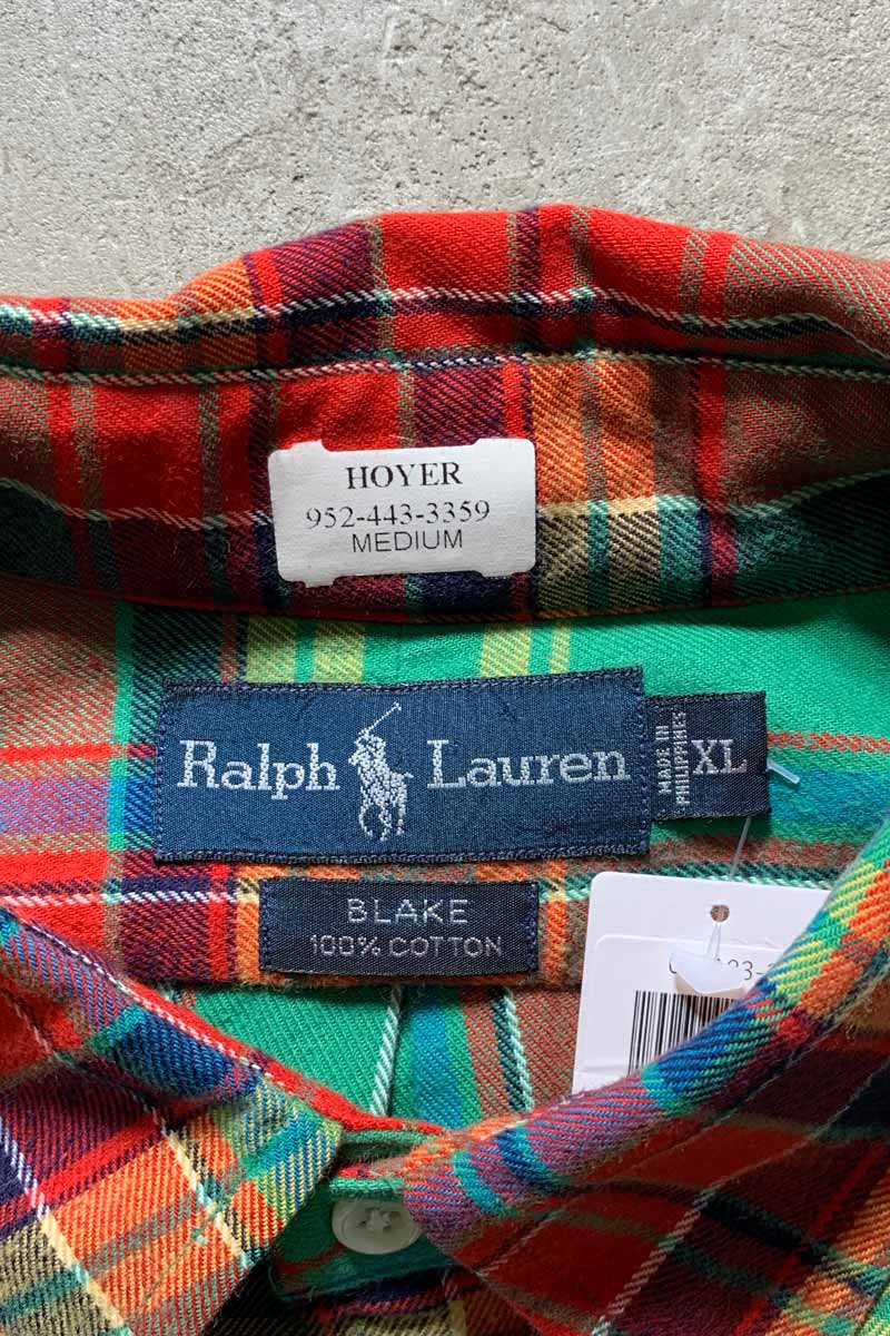 90'S L/S B.D COTTON FLANNEL CHECK BLAKE SHIRT / GREEN / RED [SIZE: L USED]