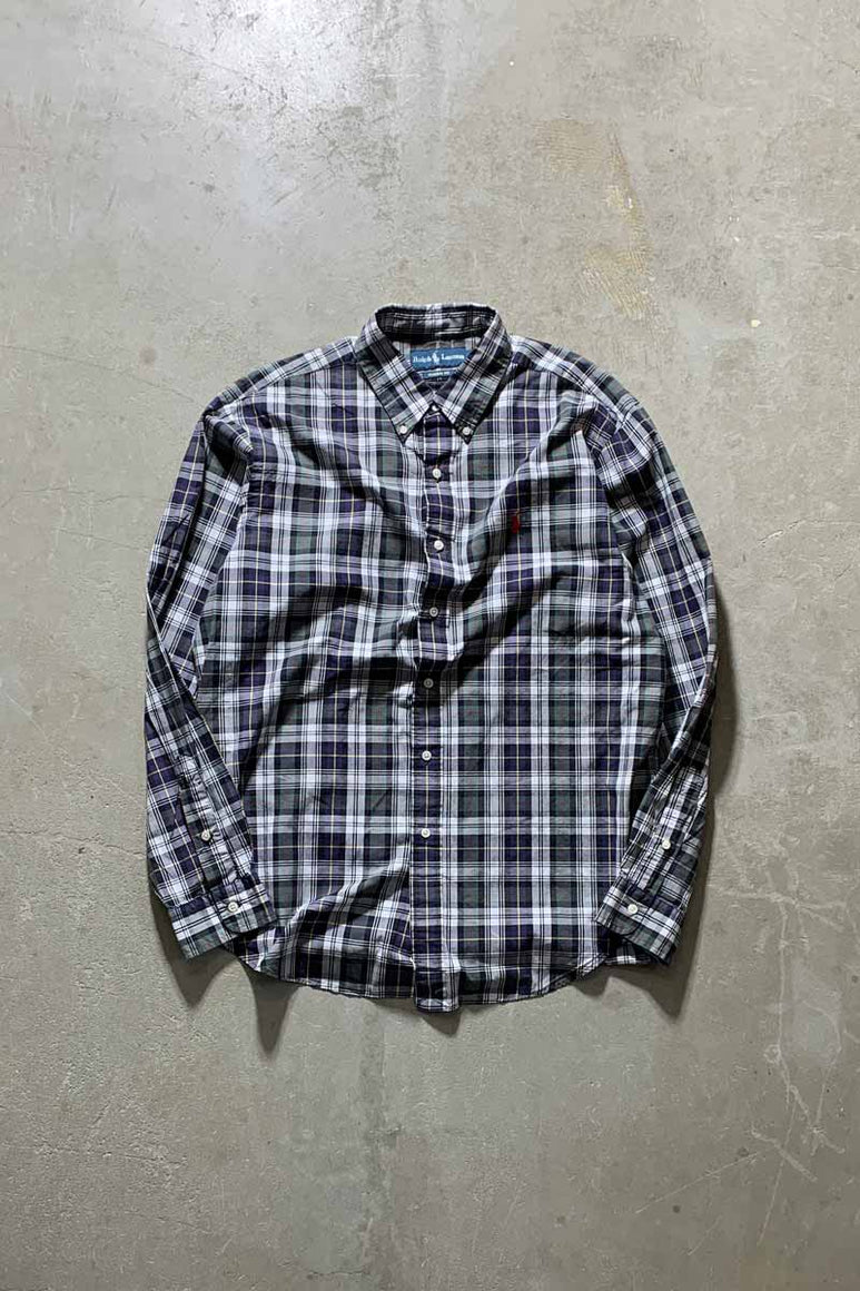 90'S L/S B.D COTTON CHECK CLASSIC FIT SHIRT / GREEN [SIZE: L USED]