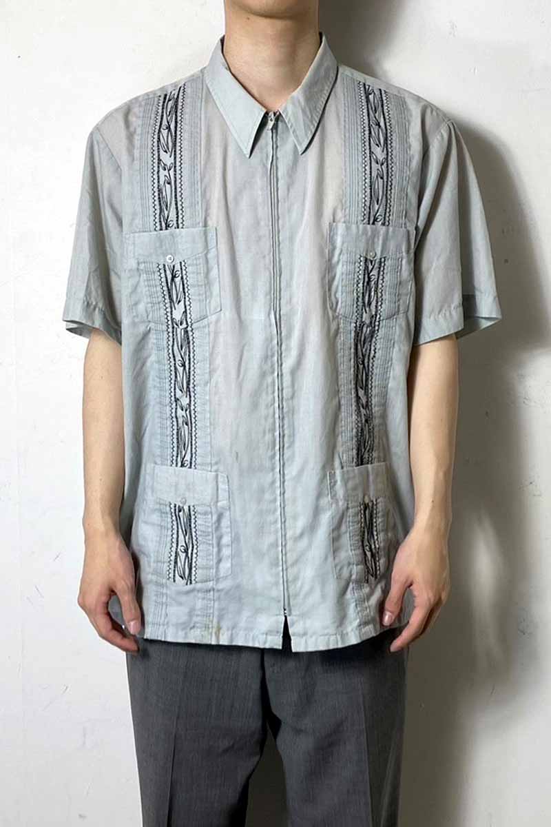 80-90'S S/S ZIP UP CUBA SHIRT / BLUE [SIZE: XL USED]