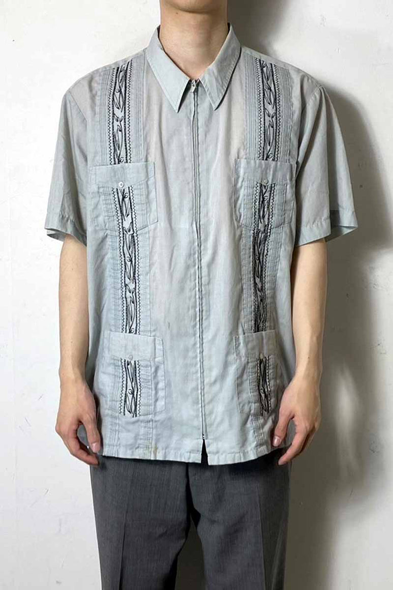 80-90'S S/S ZIP UP CUBA SHIRT / BLUE [SIZE: XL USED]