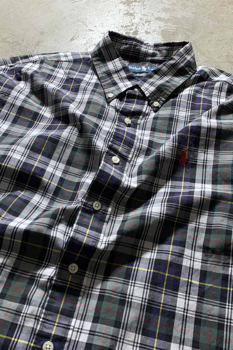 90'S L/S B.D COTTON CHECK CLASSIC FIT SHIRT / GREEN [SIZE: L USED]