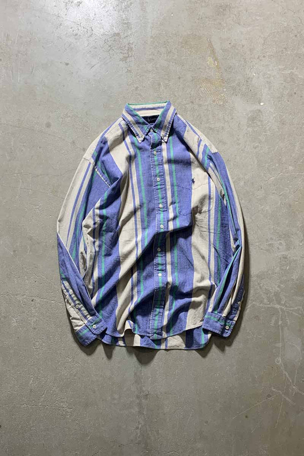 90'S L/S B.D STRIPE SHIRT / BLUE / BEIGE [SIZE: M USED]
