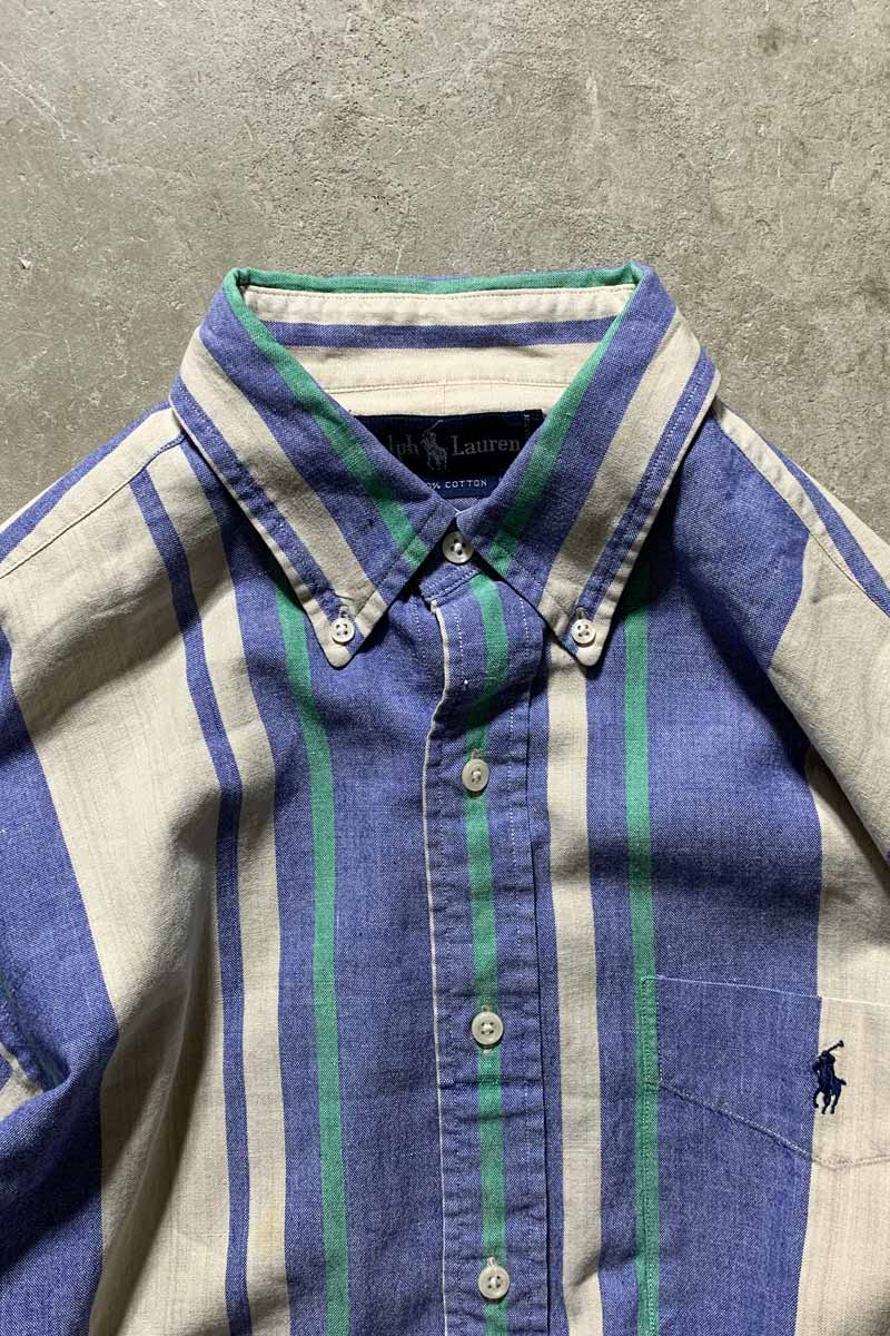 90'S L/S B.D STRIPE SHIRT / BLUE / BEIGE [SIZE: M USED]