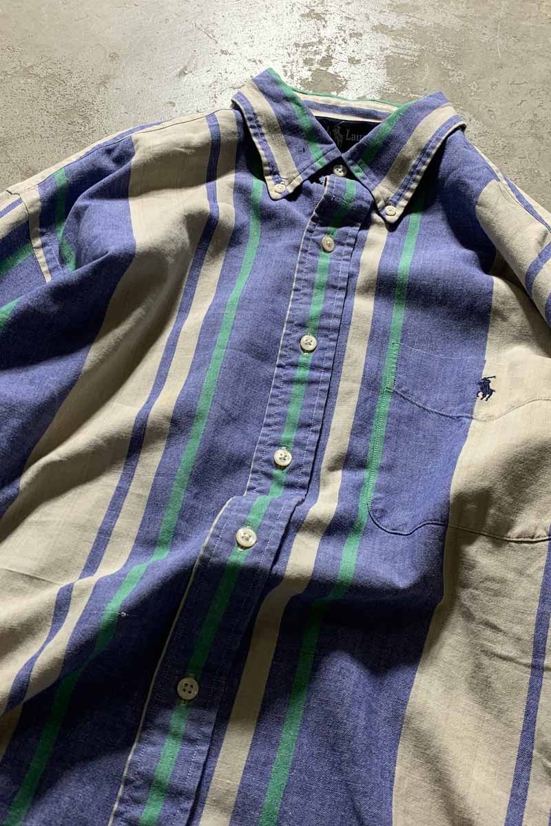 90'S L/S B.D STRIPE SHIRT / BLUE / BEIGE [SIZE: M USED]