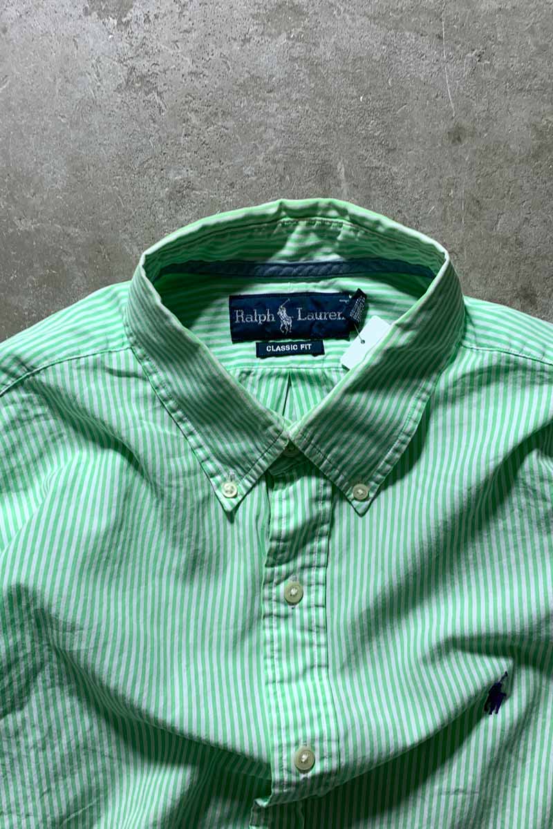 90'S L/S B.D STRIPE CLASSIC FIT SHIRT / WHITE / GREEN [SIZE: L USED]