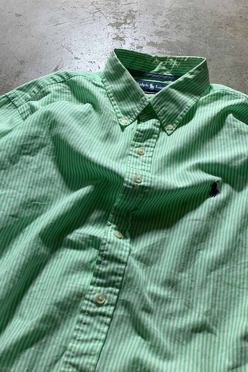 90'S L/S B.D STRIPE CLASSIC FIT SHIRT / WHITE / GREEN [SIZE: L USED]