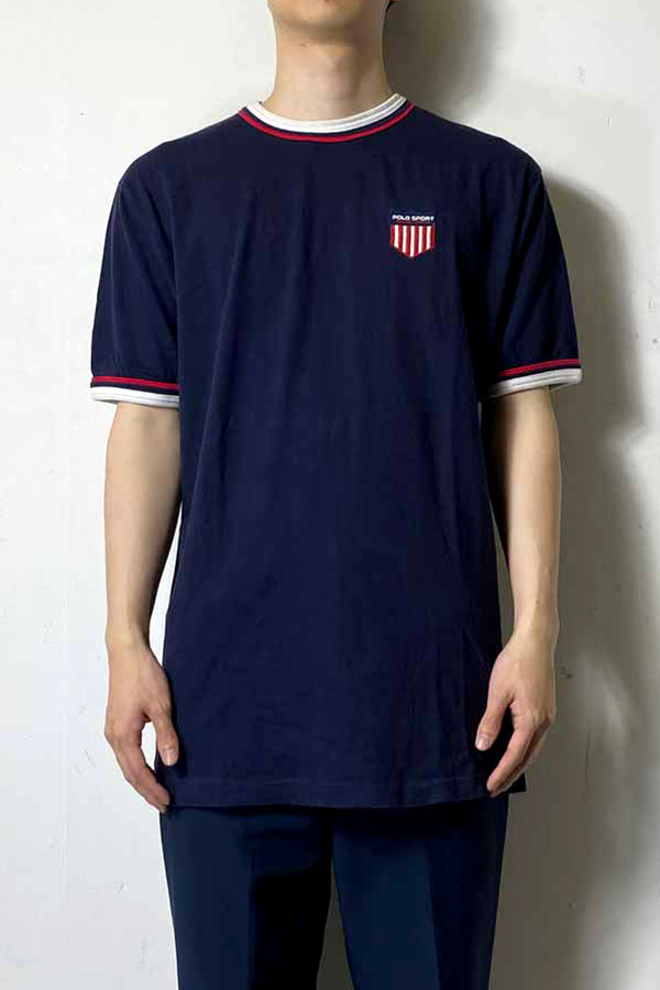 90'S S/S USA BACK PATCH RINGER T-SHIRT / NAVY [SIZE: XL USED]
