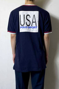 90'S S/S USA BACK PATCH RINGER T-SHIRT / NAVY [SIZE: XL USED]