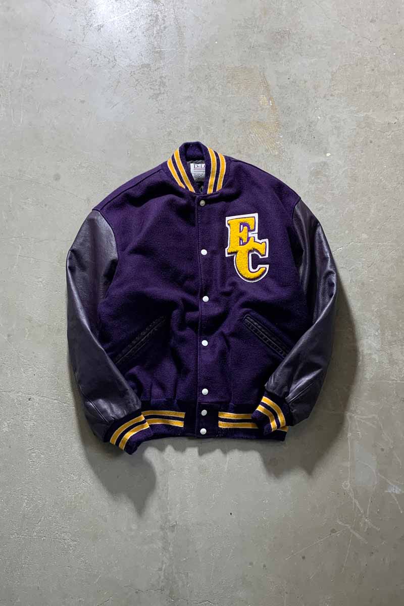 MADE IN USA 80'S WOOL LEATHER STADIUM JACKET / PURPLE [SIZE: XL USED]