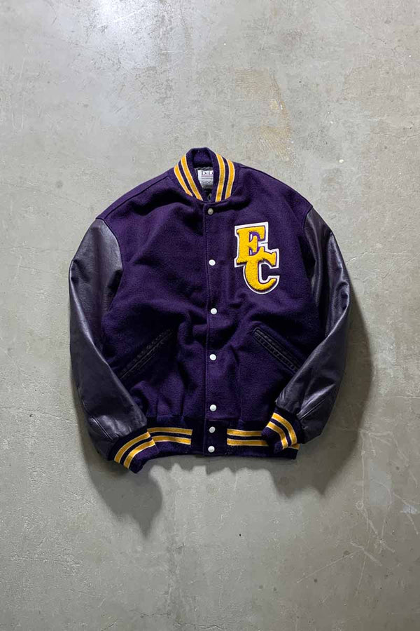 MADE IN USA 80'S WOOL LEATHER STADIUM JACKET / PURPLE [SIZE: XL USED]