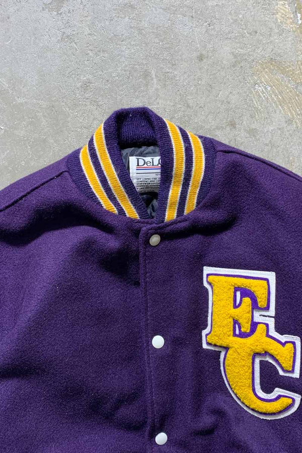 MADE IN USA 80'S WOOL LEATHER STADIUM JACKET / PURPLE [SIZE: XL USED]