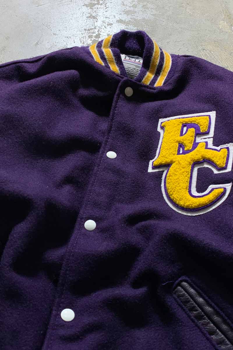 MADE IN USA 80'S WOOL LEATHER STADIUM JACKET / PURPLE [SIZE: XL USED]