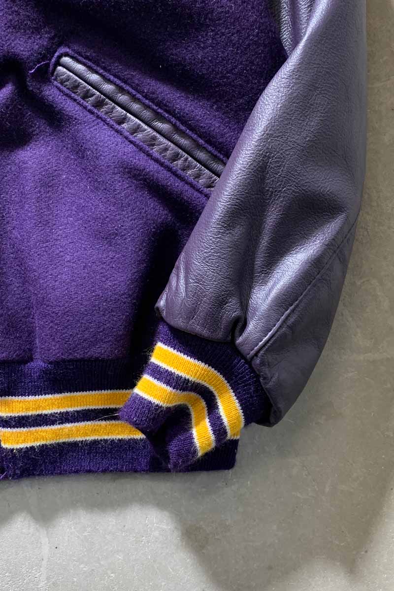 MADE IN USA 80'S WOOL LEATHER STADIUM JACKET / PURPLE [SIZE: XL USED]