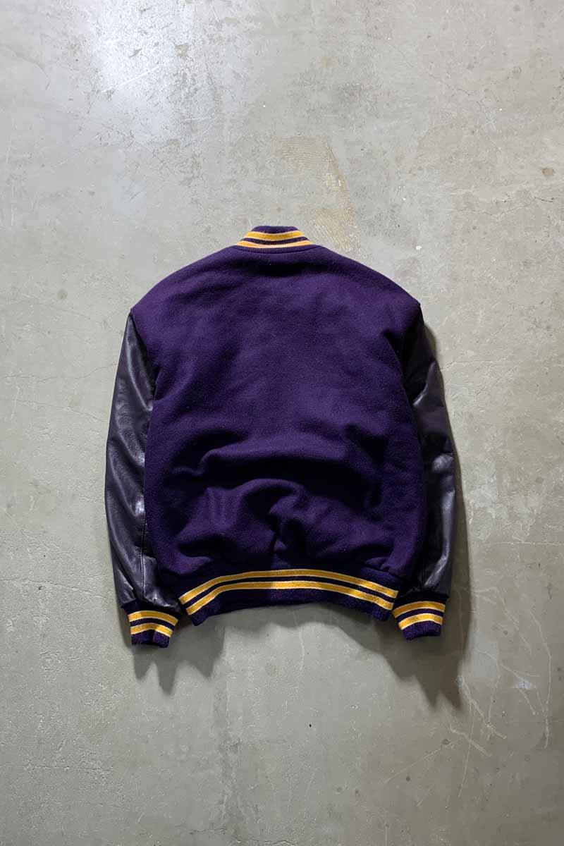 MADE IN USA 80'S WOOL LEATHER STADIUM JACKET / PURPLE [SIZE: XL USED]