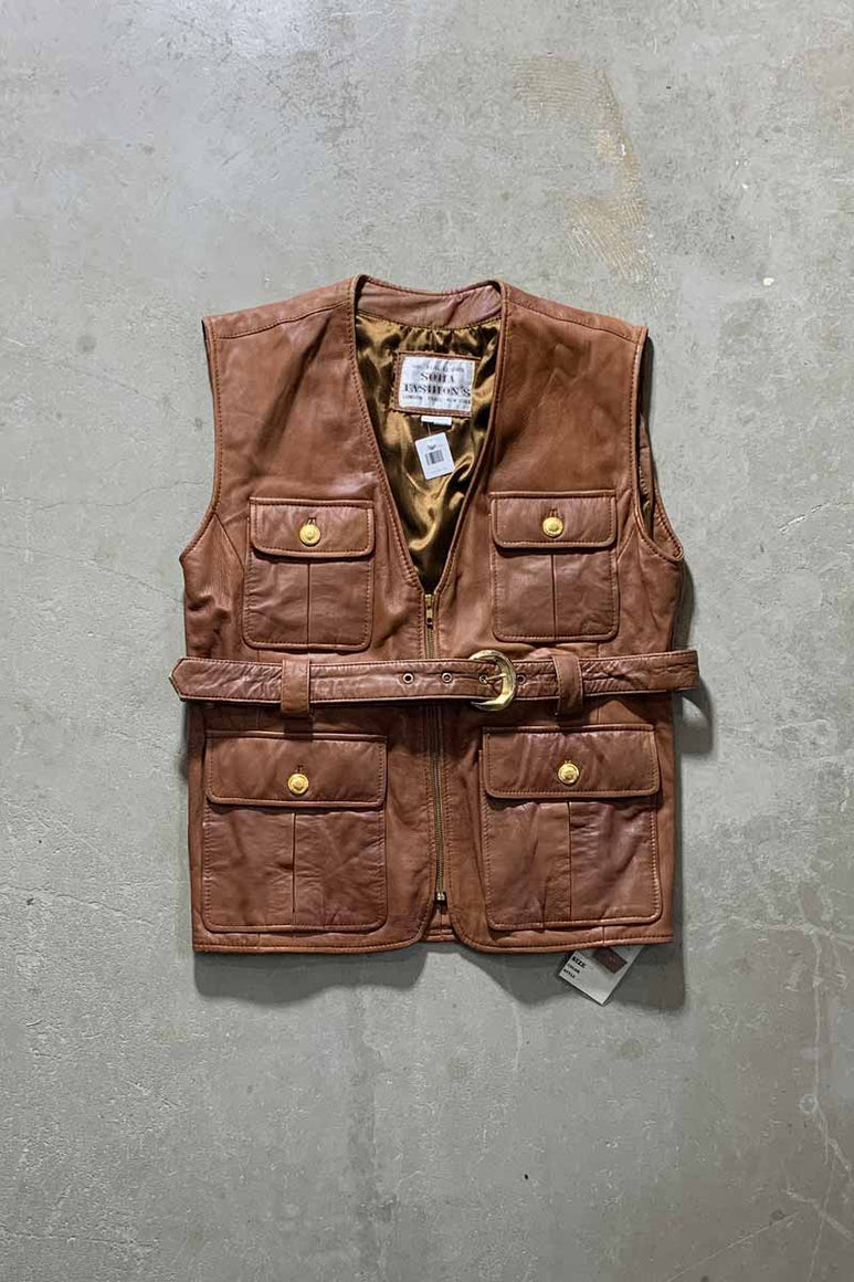 90'S BELTED LEATHER VEST / BROWN [SIZE: M DEADSTOCK/NOS]