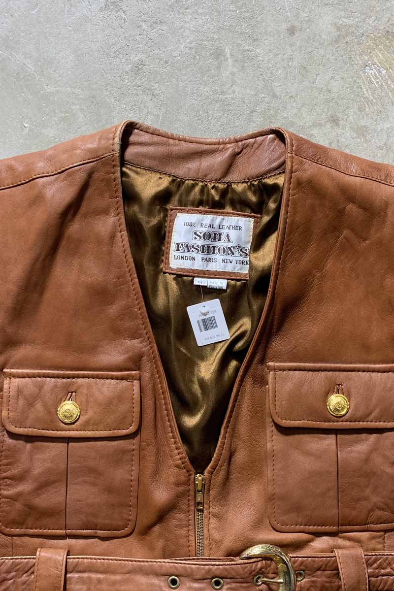 90'S BELTED LEATHER VEST / BROWN [SIZE: M DEADSTOCK/NOS]