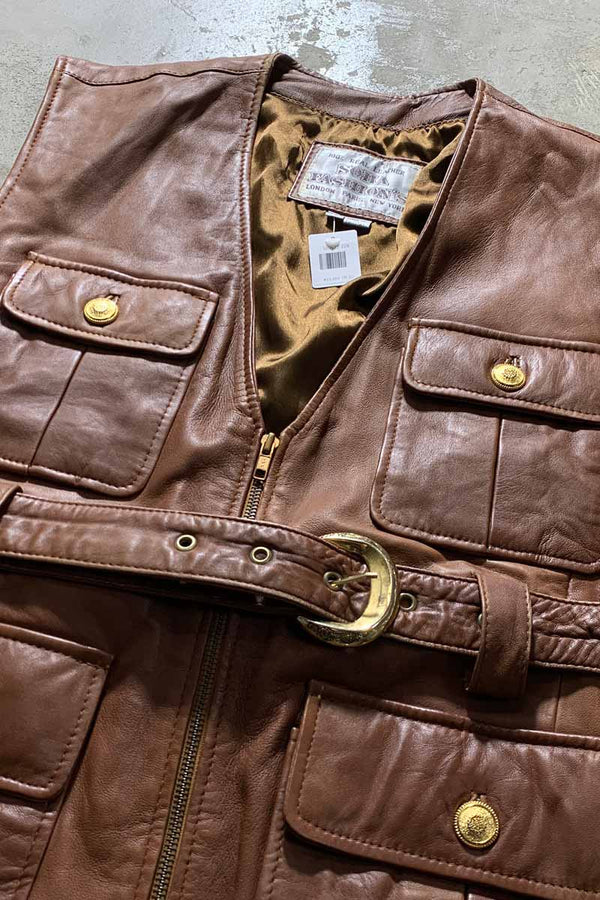 90'S BELTED LEATHER VEST / BROWN [SIZE: M DEADSTOCK/NOS]