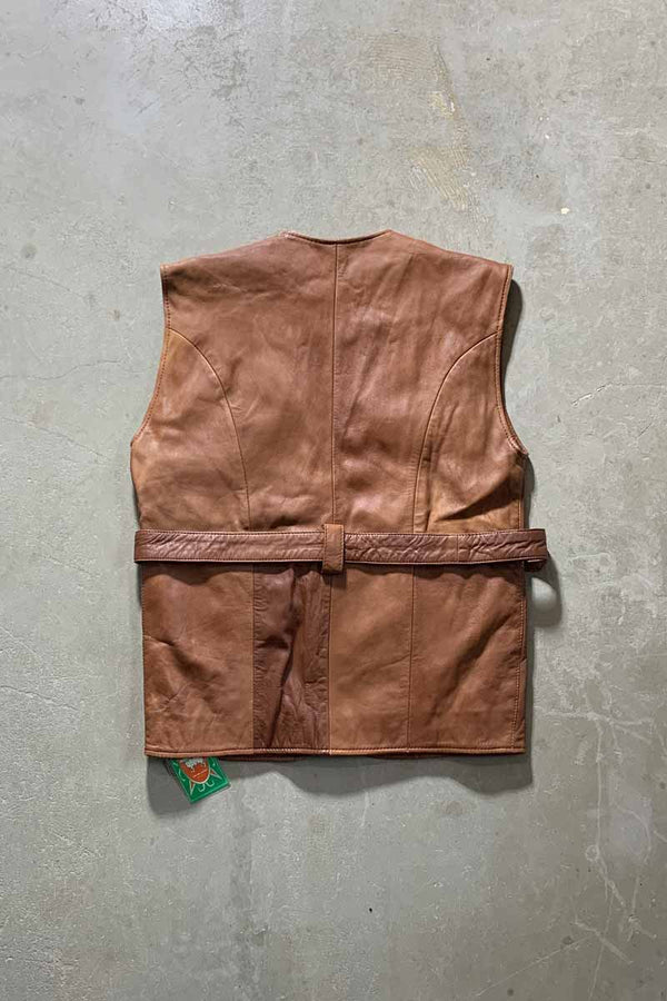 90'S BELTED LEATHER VEST / BROWN [SIZE: M DEADSTOCK/NOS]