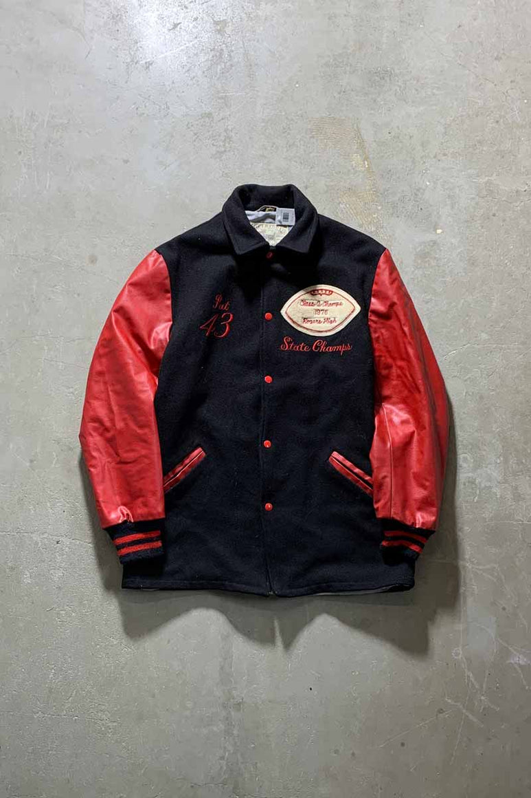 MADE IN USA 70'S WOOL LEATHER STADIUM JACKET / BLACK / RED [SIZE: M USED]