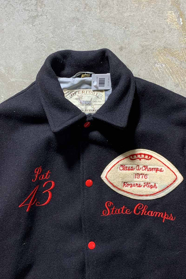 MADE IN USA 70'S WOOL LEATHER STADIUM JACKET / BLACK / RED [SIZE: M USED]