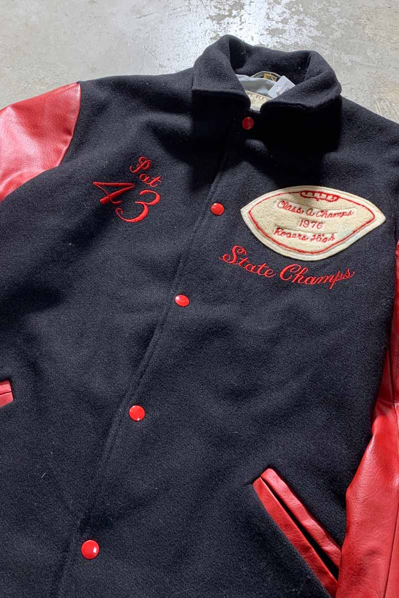 MADE IN USA 70'S WOOL LEATHER STADIUM JACKET / BLACK / RED [SIZE: M USED]