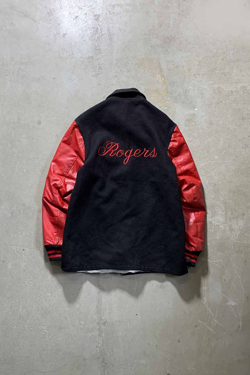 MADE IN USA 70'S WOOL LEATHER STADIUM JACKET / BLACK / RED [SIZE: M USED]