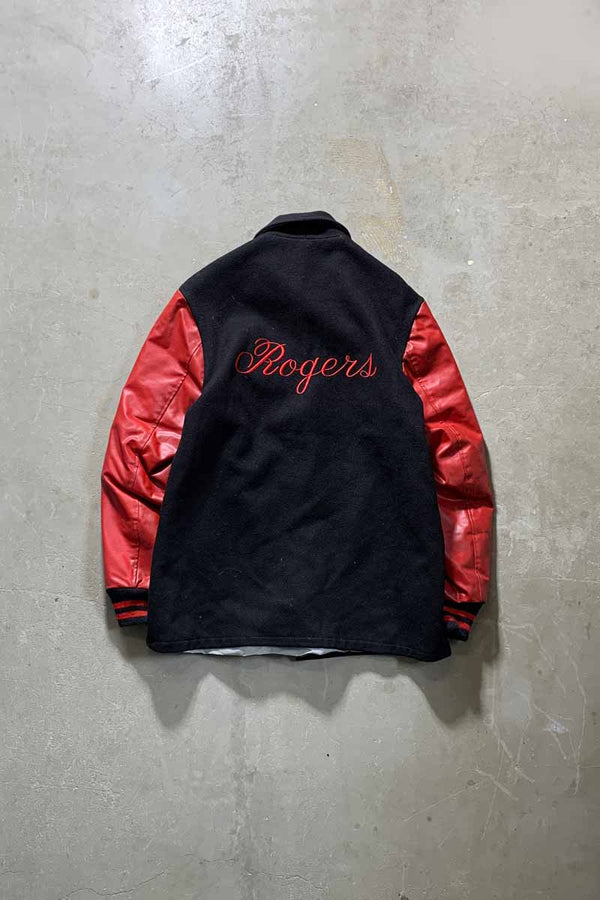 MADE IN USA 70'S WOOL LEATHER STADIUM JACKET / BLACK / RED [SIZE: M USED]