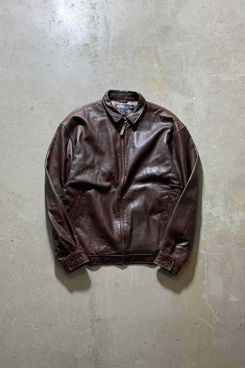 90'S ZIP UP LEATHER JACKET / BROWN [SIZE: L USED]