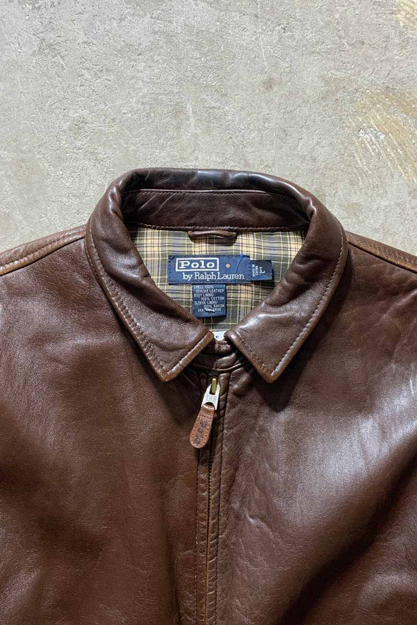 90'S ZIP UP LEATHER JACKET / BROWN [SIZE: L USED]
