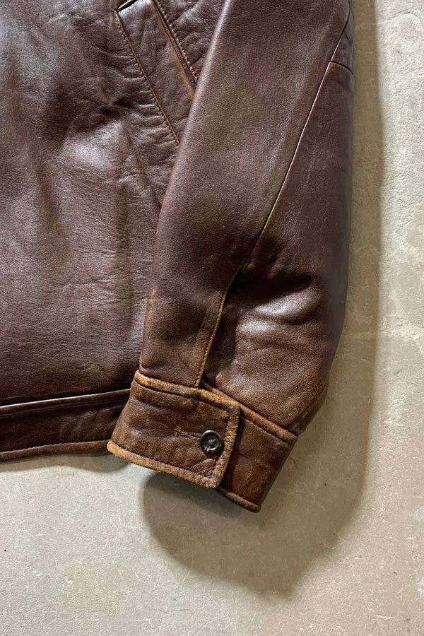 90'S ZIP UP LEATHER JACKET / BROWN [SIZE: L USED]